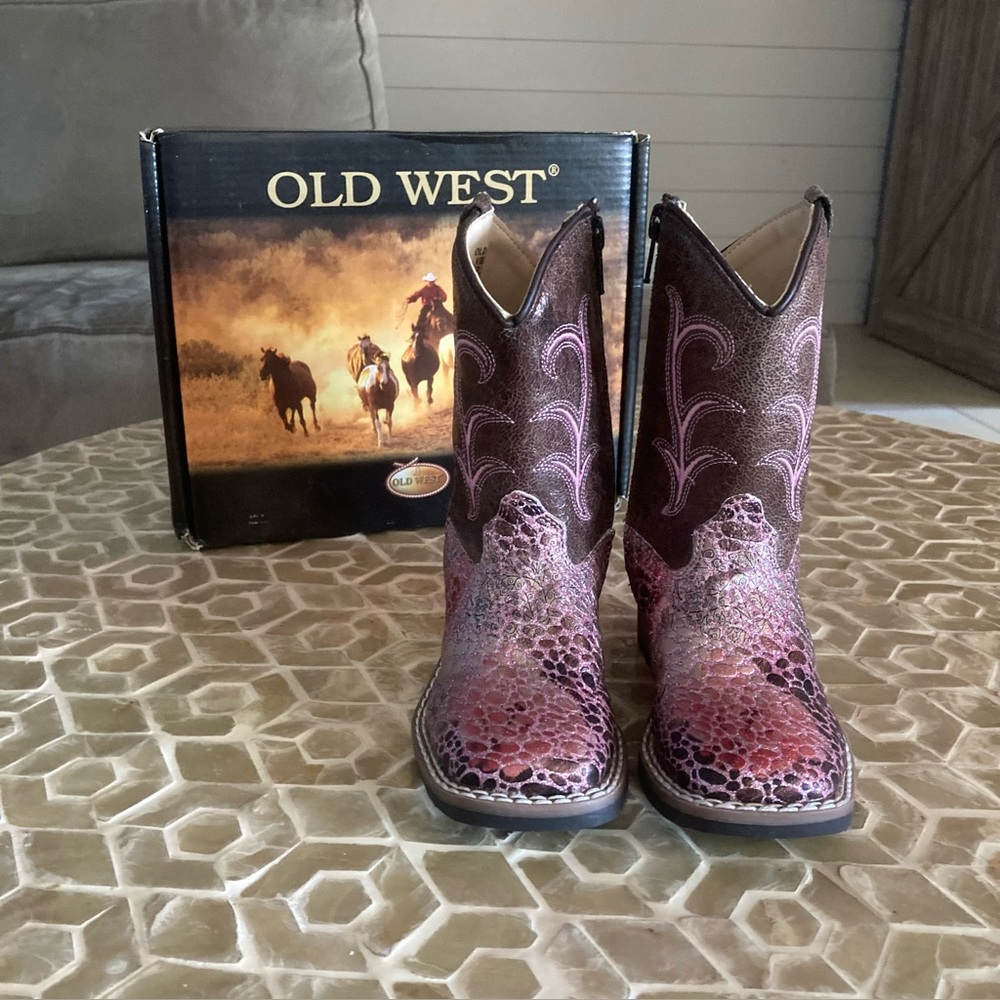 NEW!  Old West toddler square toe cowboy boots in antique pink/brown/crackle - Picture 3 of 9